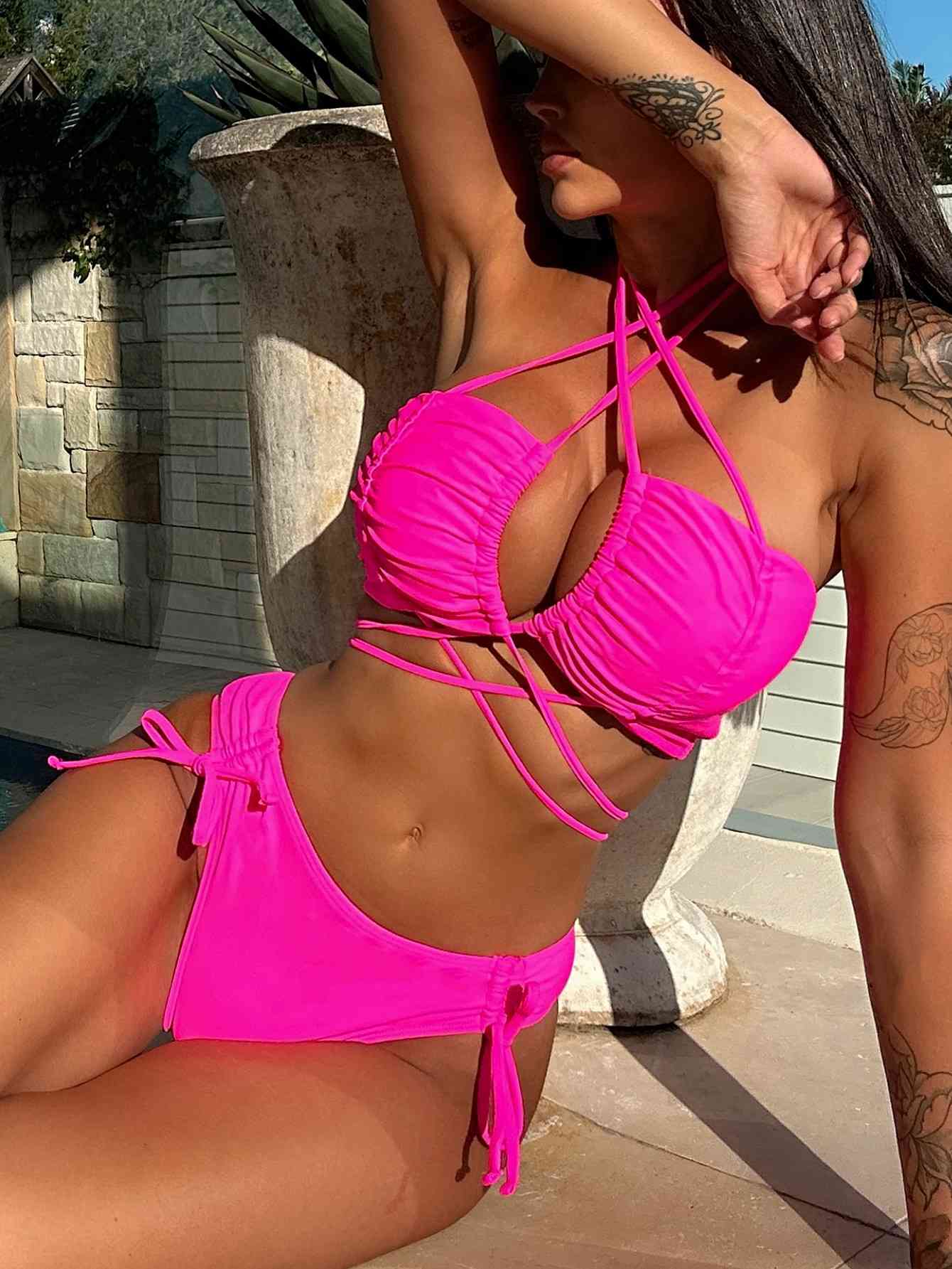 Hot Pink Halter Neck Drawstring Detail Bikini Set