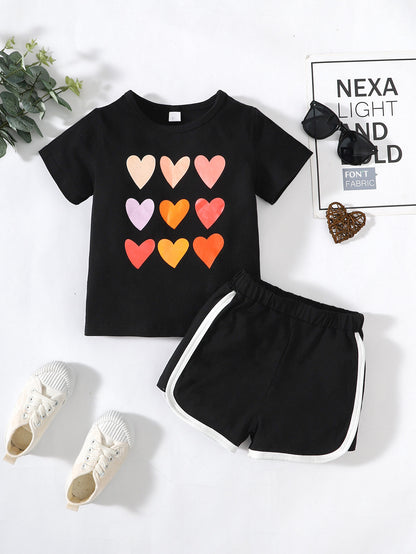 Kids Heart Print T-Shirt Side Stripe Shorts Set