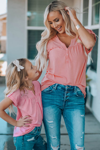 Mommy Me Summer Outfits | Women Buttoned Roll-Tab Sleeve Tee Shirt