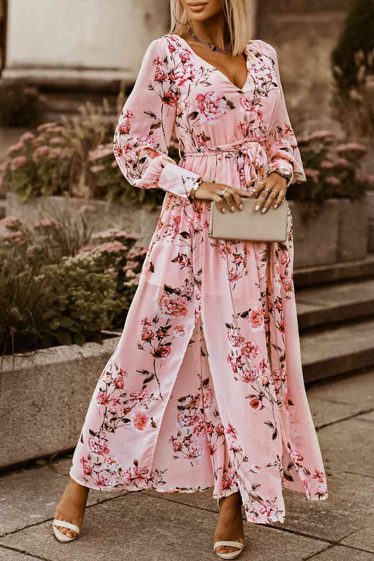 Pink Spring Floral Tie Belt Bishop Sleeve Slit Maxi Dress