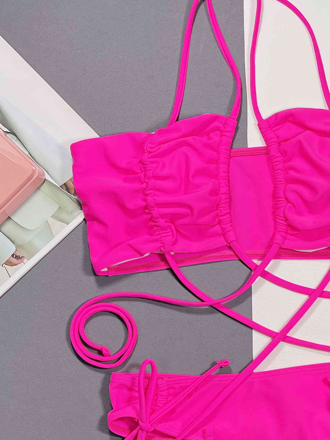 Hot Pink Halter Neck Drawstring Detail Bikini Set