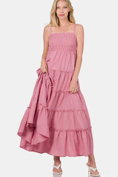 Millennial Pink Zenana Woven Smocked Tiered Cami Maxi Dress